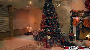 tiny kenzie reeves dildos her petite pussy before angel's huge cock on christmas eve