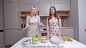 stepdad rams our tight shaved cunts right after kitchen cooking fun