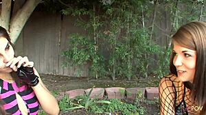 brunette lesbians lick shaved pussies finger in nasty 69 on sofa