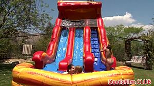 AREN'T THESE LESBIAN BABES' SHAVED PUSSIES PERFECT FOR OUTDOOR STRAPON TOYING AND LICKS?