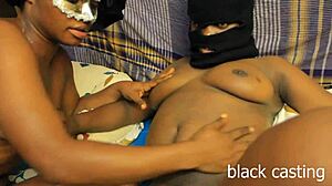 Lesbo babe fingers her wet pussy then fucks hard on the bed