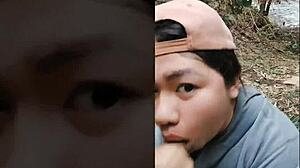 my plump asian belly shakes during outdoor pov blowjob creampie