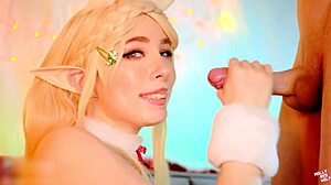Christmas cosplay Zelda slurps deepthroat to anal creampie closeup.
