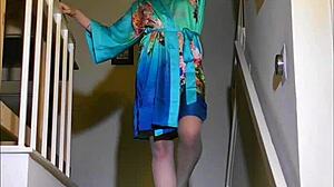 luna lains dances down stairs stripping pantyhose off her exotic redhead milf pussy