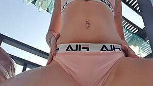 wanna see this horny blonde finger her wet pussy publicly in pool??