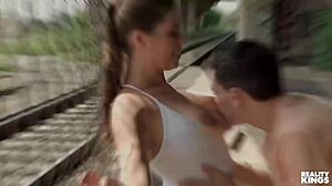 sexy redhead octokuro on sofa spreads shaved pussy licks sucks cameraman's monster cock then rides doggystyle cum on tits