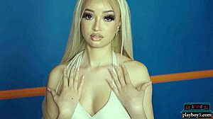 Damn, juicy ebony blonde scarlett boom strips slow teasing her soft curves for playboy!