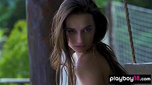 gloria sol's big natural boobs burst out during outdoor striptease