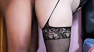 Pounding sexy lingerie slut stepbro makes her scream in rough doggystyle creampie bliss while she begs for his massive black cock in homemade interracial heat