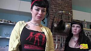 two brunette goth chicks finger lick and toy each other kinkily around house