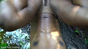 skinny black ebony tribe girl with small waist gets fucked outdoors in forest stream