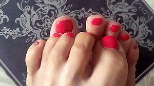 Brunette milf sucks toes and spits on bare feet fetish