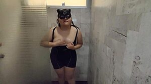 Horny Latina Bbw Strips in Shower Spreading for Cock