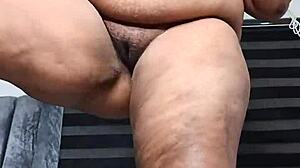 fat belly ebony mara squirts standing full orgasm masturbation fetish!!