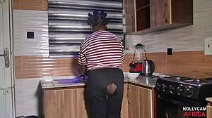 Big black cock stands hard for ebony madam's huge tits and ass