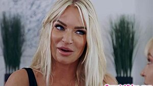 blonde babe's tongue dives deep into two busty milfs' wet pussies