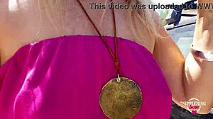 kinky milf flashes pierced nipples pussy ass public street