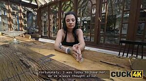 skinny babe bends over bed for monster cock while old hubby watches her cum hard