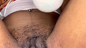 Horny Brunette Slut Edges Close-Up Her Pierced Ebony Hairy Wet Pussy
