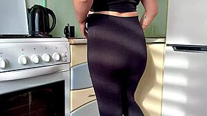 pregnant milf bent over kitchen counter for creampie fuck