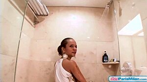 chocolate drips off this petite teen's big tits in shower tease