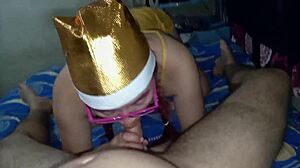 blonde teen gives christmas blowjob to stepdad