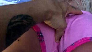 Blonde amateur masturbates with sex toys in parents' bathroom