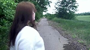 Curvy tattooed milf dominates fat hubby with rough outdoor pegging and handjob in public sun