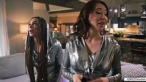 tgirl emma rose bareback instructs eva maxim on ass licking and cock riding