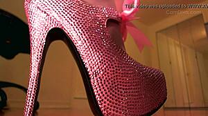 pantyhose legs in pink crystal heels tease your view