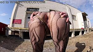 check out this slut wife in thong bodysuit flashing huge ass on docks public?