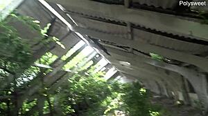 Curvy tattooed milf dominates fat hubby with rough outdoor pegging and handjob in public sun