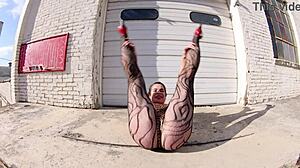 check out this slut wife in thong bodysuit flashing huge ass on docks public?