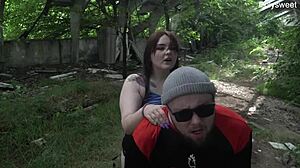 Curvy tattooed milf dominates fat hubby with rough outdoor pegging and handjob in public sun