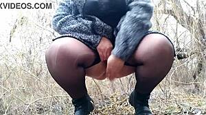 plump mother-in-law cougar flashes pantyhose legs outdoor dripping wet pussy dirty fetish homemade mature tease