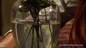 lesbian mistress rams strapon deep in slave's wet pussy