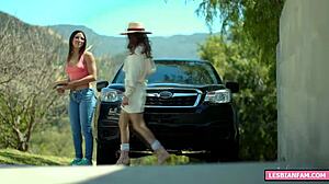 petite brunette teen fingers tight pussy while sucking on girlfriend's small tits