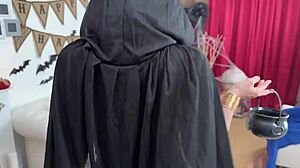 she bends over for deepthroat then gets oiled anal creampie and pussy cum on halloween night