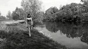 sweet cute brunette teases her shaved pussy and small tits in outdoor lingerie shower