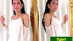 busty ladyboy mia shyly jerks cock in mirror striptease