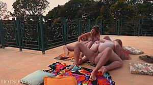 subtle 4some tease with two busty redheads and hot blonde