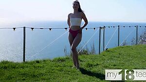 damn this stunning 18+ girl doing sexy yoga outside teases her hairy pussy 😍🔥