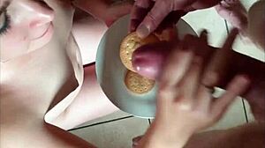 damn this bitch gags on my cock then eats cum-topped snack in kinky food pov 😈🍆💦