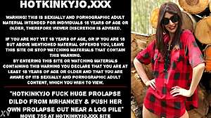 i can't believe how hotkinkyjo rams that huge prolapse dildo from mrhankey... pushes her own prolapse out by the log pile!!