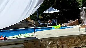 Lexi Bloom tied tight poolside takes hard cock and facial blast