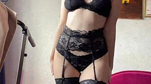 Beautiful Russian mommy stuffs dildo in saggy tits asshole on webcam