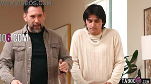 Stepson and stepdad thrill blindfolded stepmom after massage