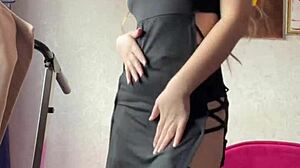 Beautiful Russian mommy stuffs dildo in saggy tits asshole on webcam