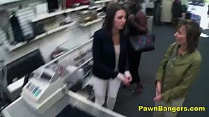 customer spreads legs on desk for cash pounding in her hairy pussy