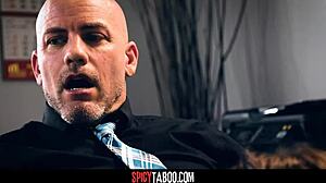 pervy boss pounds busty secretary doggystyle while wife chats on phone